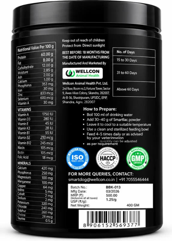 SmartDog Weaning Food Supplement for Puppies & Kittens With Bovine Colostrum & Taurine (400gm)