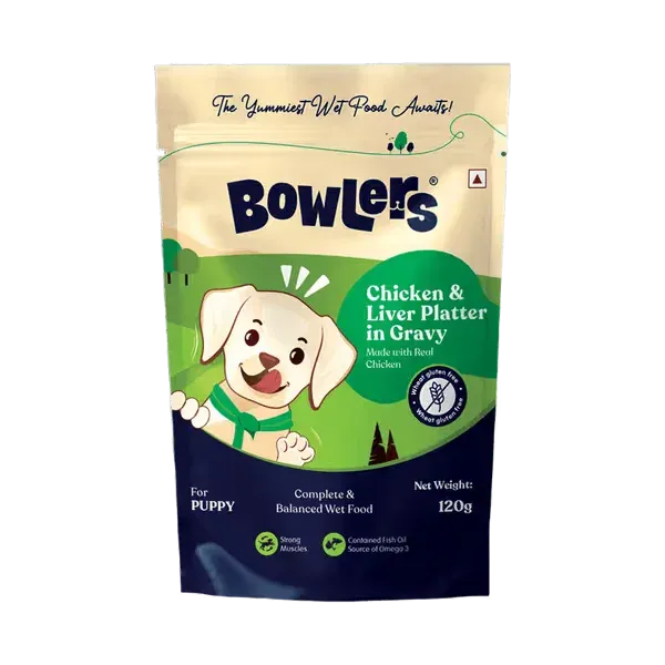 Bowlers Wet Dog Food for Puppies | Chicken & Liver Platter in Gravy |120 GMS Gluten Free | Supports Hydration | Smooth Digestion & Healthy Coat