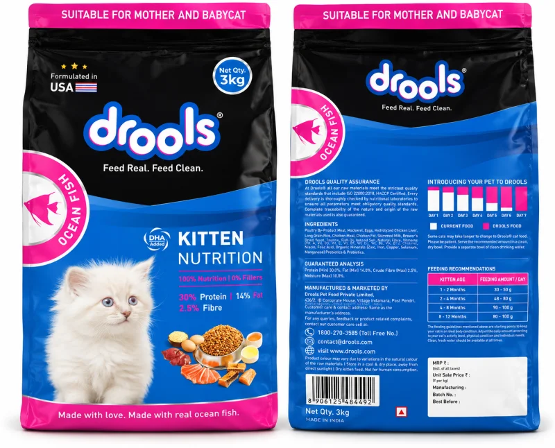 Drools Kitten Dry Cat Food – Ocean Fish Flavour (3 kg + 400 g Free Biscuits)